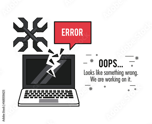 white background poster with monochrome laptop with broken screen and crossed wrench error oops vector illustration