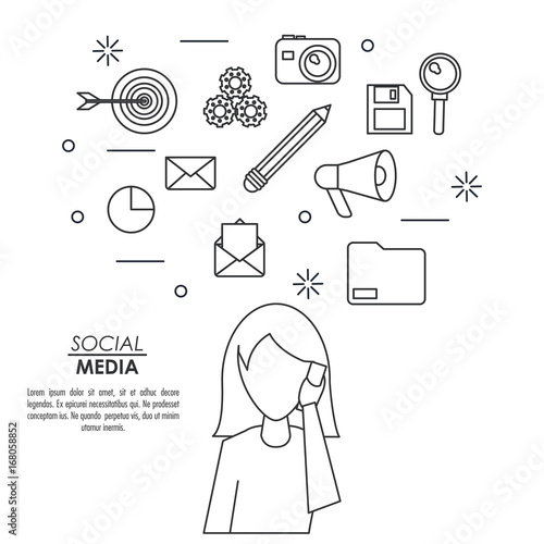 monochrome background of silhouette faceless woman answering phone with icons social media on top vector illustration