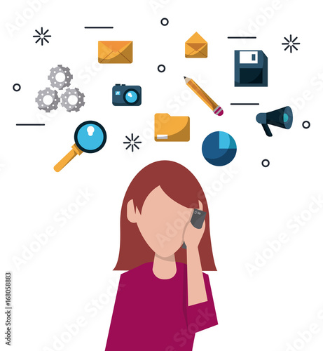 color background of silhouette faceless woman answering phone with icons social media on top vector illustration
