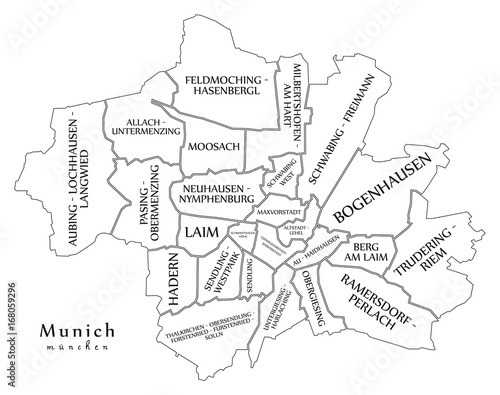 Modern City Map - Munich city of Germany with boroughs and titles DE outline map
