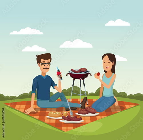 color scene landscape of tablecloth picnic and grill barbecue in grass with man and woman vector illustration