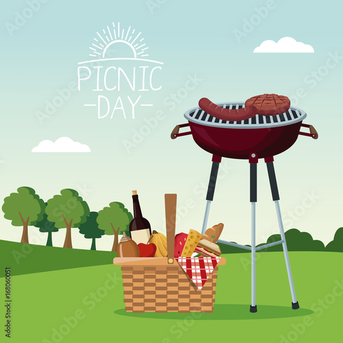 colorful poster scene landscape of picnic day with food and beverages and grill barbecue in grass vector illustration