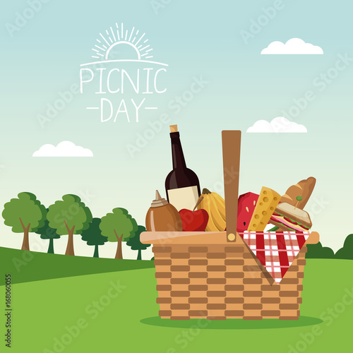 colorful poster scene landscape of picnic day and basket full of food vector illustration
