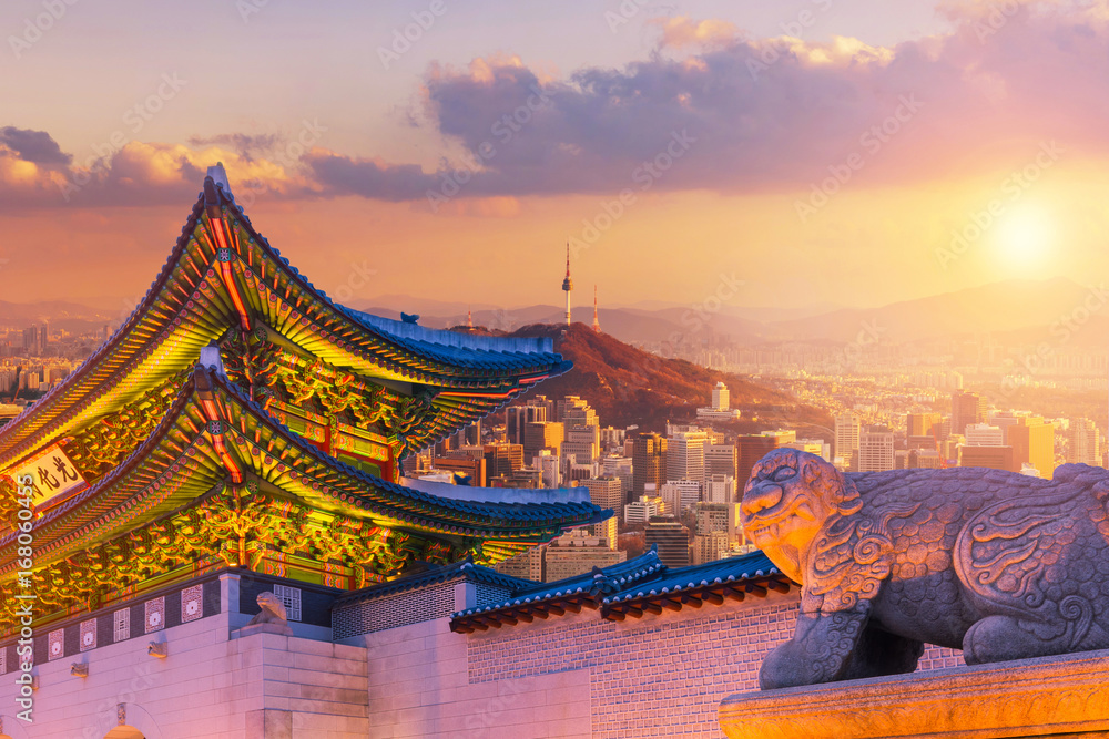 Landmark of Korea with covered Gyeongbokgung n Seoul Tower , South korea