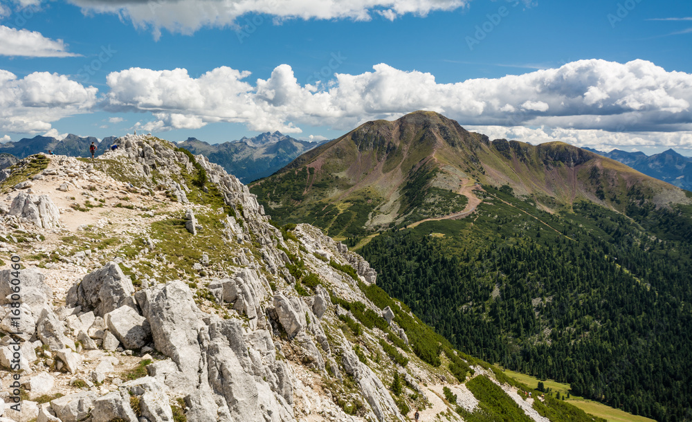 Amazing mountains summer landscape in Dolomites, South Tyrol, Italy. White Peak and Black Peak in the Oclini Pass