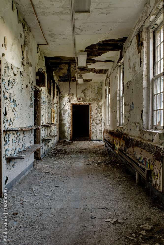 Crumbling Hallway with Windows - Abandoned Hospital