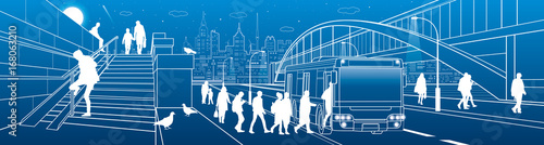 City transport infrastructure panorama. People get off the bus. Pedestrian arch bridge. Modern evening town in background. White lines, night scene. Vector design art 