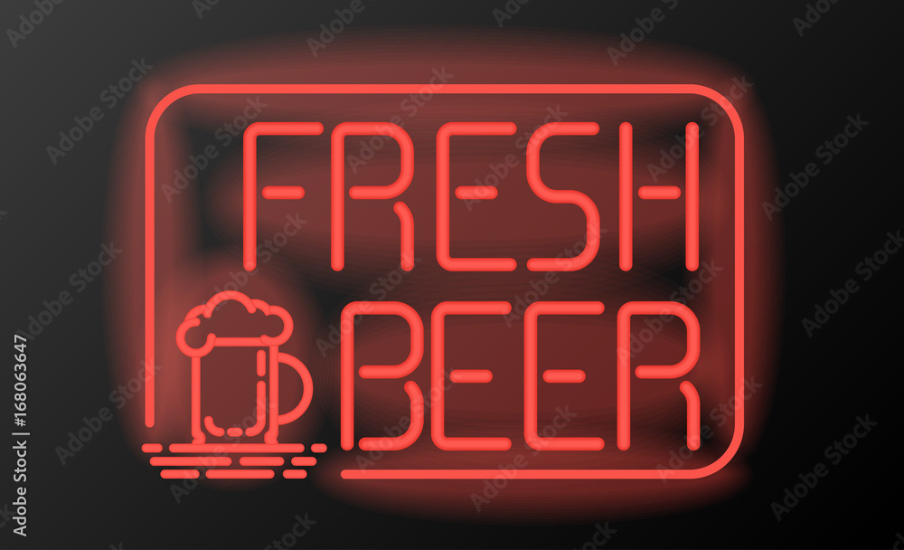 Fresh beer neon sign or emblem on black background. Can be used for advertising and promotion, design flyer or placard.