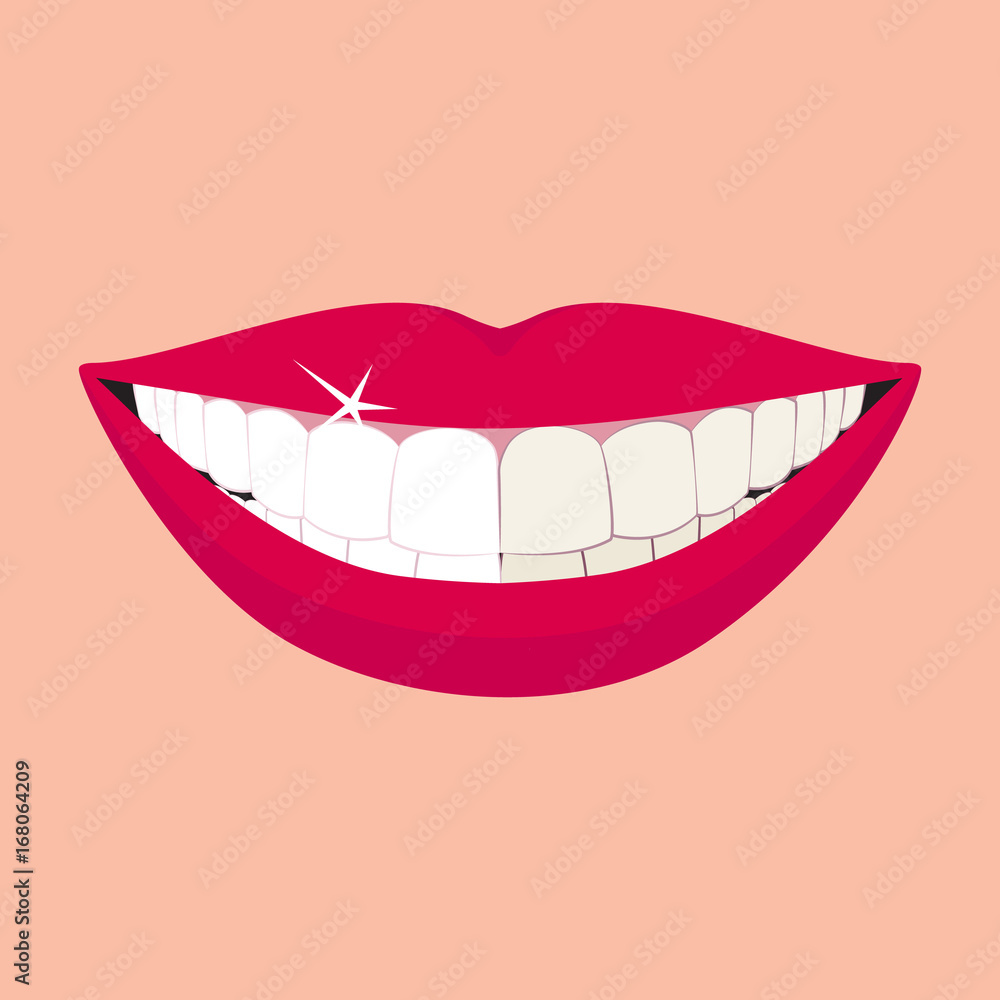 Naklejka premium Beautiful smiling mouth with healthy teeth before and after whitening teeth. Design concept. Vector illustration