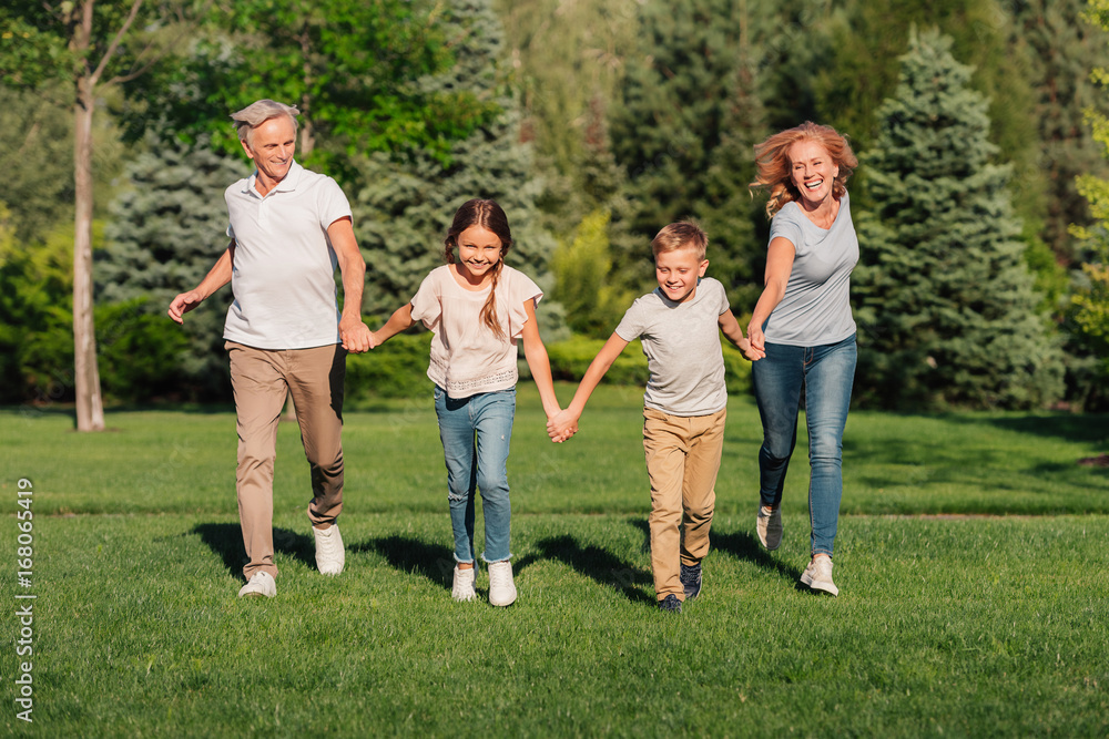 Fototapeta premium family running on meadow