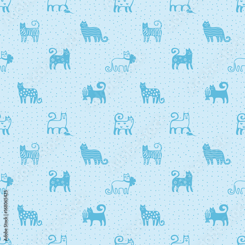 Seamless pattern with cute funny cats. Textile cats pattern. Funny cats backg...