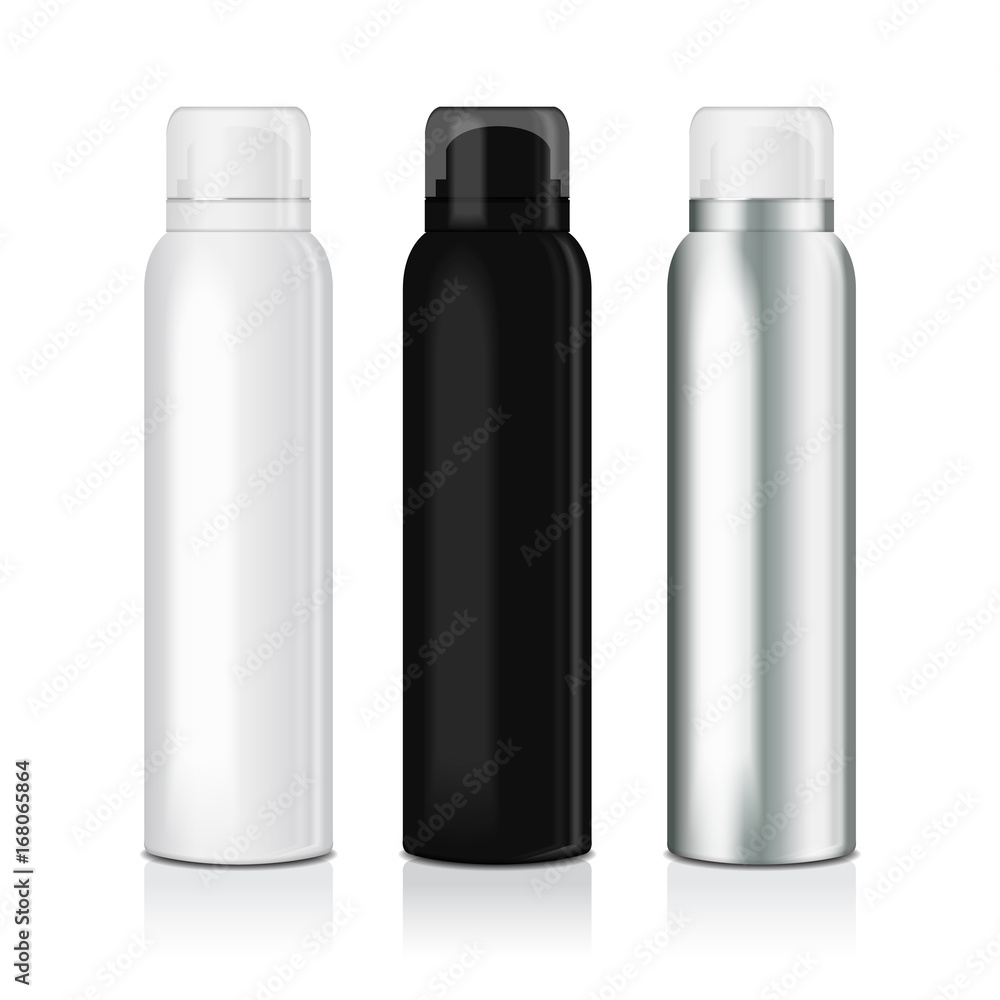 Set of deodorant spray for women or men. Vector mock up template of metal bottle with transparent cap Set of deodorant spray for women or men. Vector mock up template of metal bottle with transparent cap