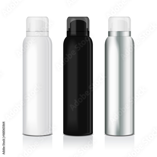 Set of deodorant spray for women or men. Vector mock up template of metal bottle with transparent cap