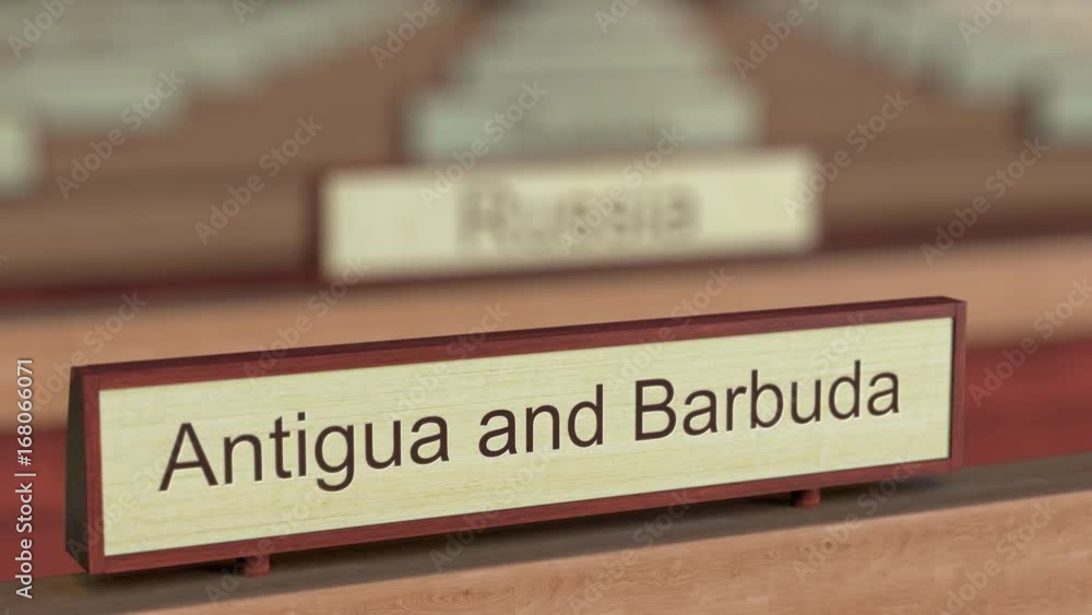 Antigua and Barbuda name sign among different countries plaques at international organization. 3D rendering Antigua and Barbuda name sign among different countries plaques at international organization. 3D rendering