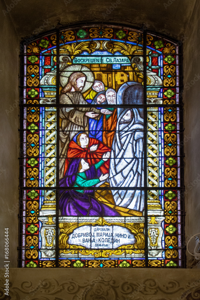 Subotica, Serbia - April 23, 2017: Stained glass in Serbian Orthodox Church of the Holy Ascension of the Lord in Subotica town, Serbia