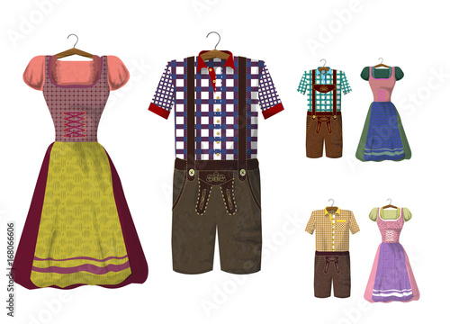 Traditional German (Bavarian) clothing: Lederhosen and Ddle. Octoberfest. Greeting card from Munich. Collection of dresses