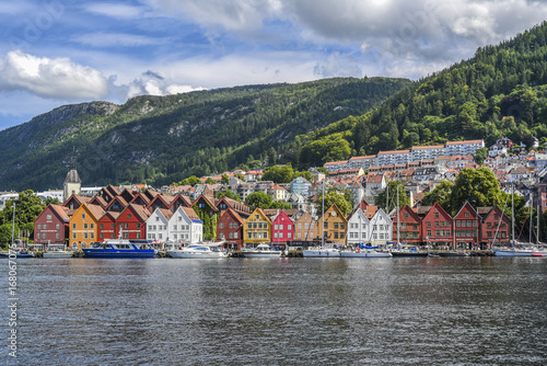 Colorful wooden houses on the coast of Bergen in Norway, the main tourist attraction of the city. photo