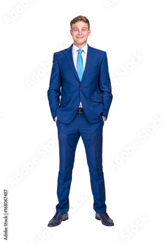 business, people and office concept - happy smiling businessman in blue suit