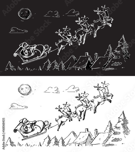 Santa Claus in a sleigh with reindeers flying on Christmas eve. Vector sketch for invitations, party, Christmas gift cards