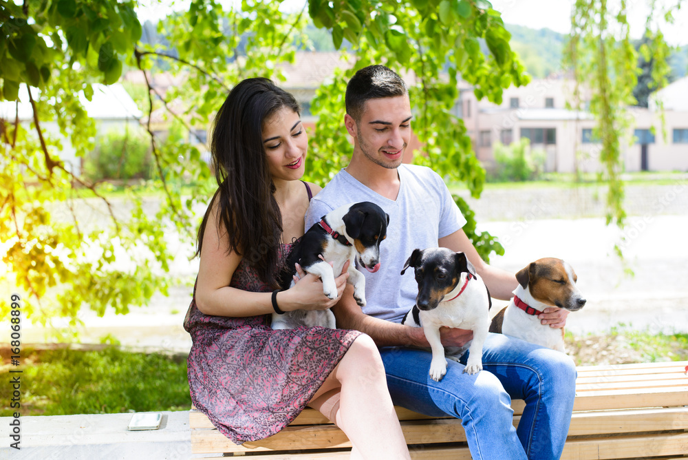 Young couple in park with their Jack Russell terriers Young couple in park with their Jack Russell terriers
