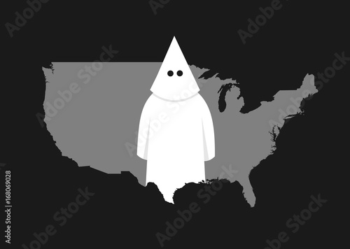 Person with costume and mask typical for member of far-right movement is standing in the United States of America. Metaphor of rise of extremism and racism USA. Vector illustration