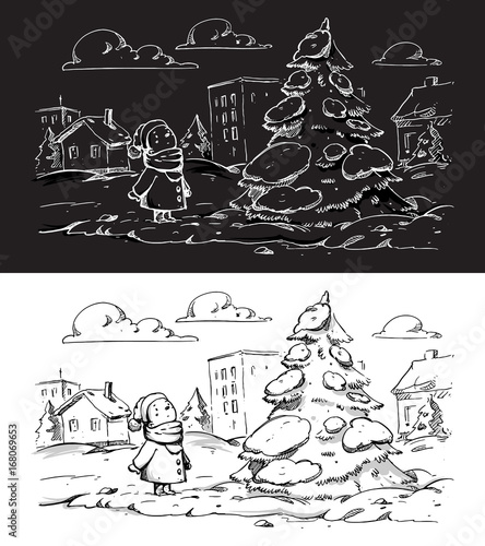 Snowman looking at a christmas tree Vector sketch for invitations, party, Christmas gift cards