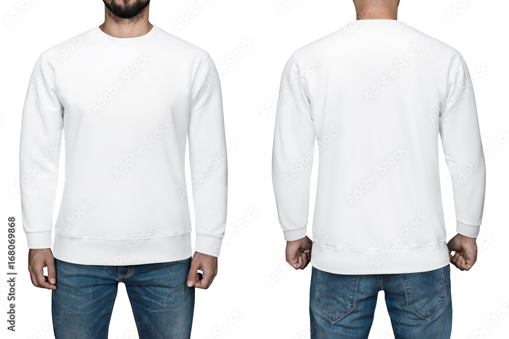 men in blank white pullover, front and back view, isolated white ...