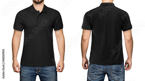 men in blank black polo shirt, front and back view, isolated white background. Design polo shirt, template and mockup for print. photo