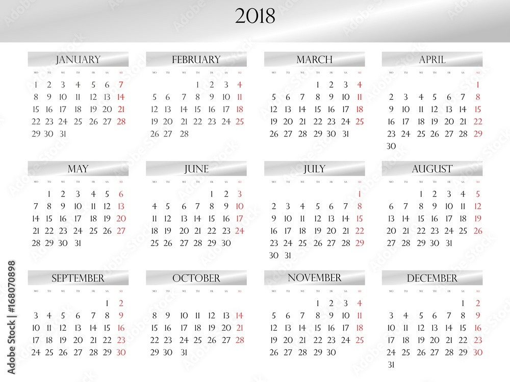 Annual calendar for 2018 with a light silver design Annual calendar for 2018 with a light silver design