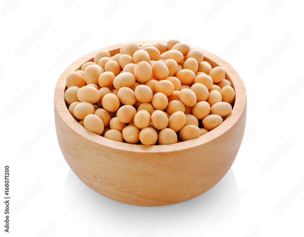 soy bean in wood bowl on white background soy bean in wood bowl on white background