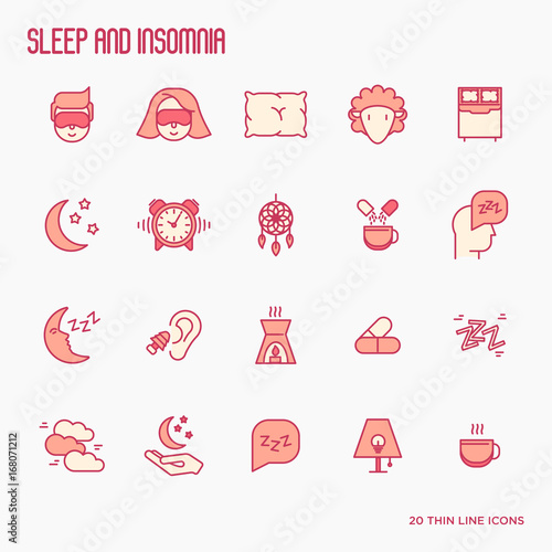 Sleep and insomnia thin line icons: man in sleeping mask, comfortable pillow, alarm, aroma lamp, earplugs, sheep. Vector illustration.