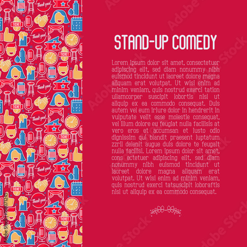 Stand up comedy show concept in circle with thin line icons. Vector illustration for banner, web page, print media.