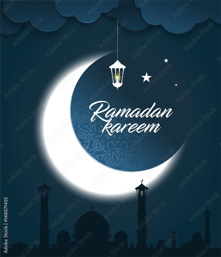 Ramadan Kareem greeting card with glowing crescent moon, mosque, stars and Ramadan lantern on night background. eps 10