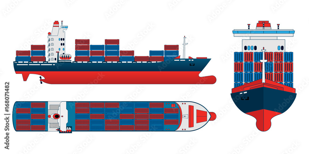 Fototapeta premium Cargo ship on a white background. Top, side and front view. Container transport in flat style. Vector illustration