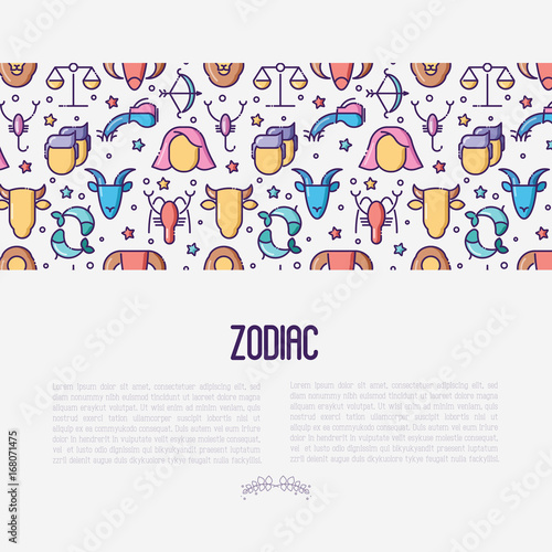 Zodiac signs concept with thin line icons for banner with horoscope, web site or background. Vector illustration.