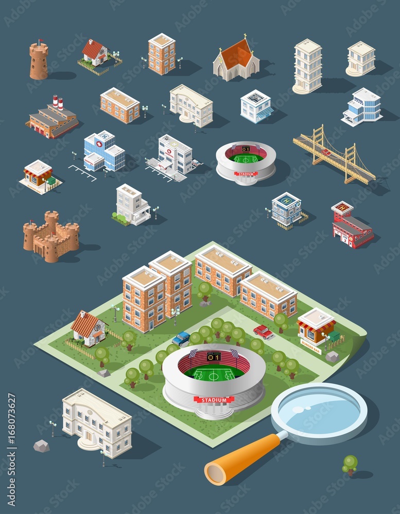 Set of Isolated High Quality Isometric City Elements . Harbor with Shadows on Dark Background Set of Isolated High Quality Isometric City Elements . Harbor with Shadows on Dark Background