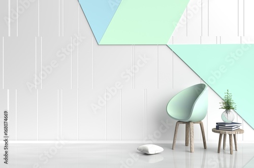 White-green room are decorated with green chair, tree in glass vase, white pillows, Blue book, white and green cement wall it is grid pattern and the white cement floor. 3d render.