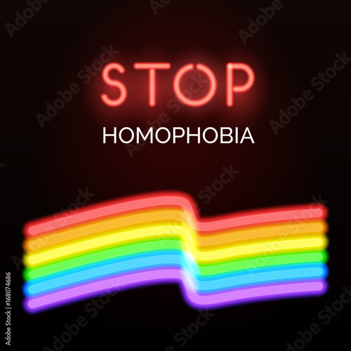 Stop homophobia card. Vector neon LGBT flag