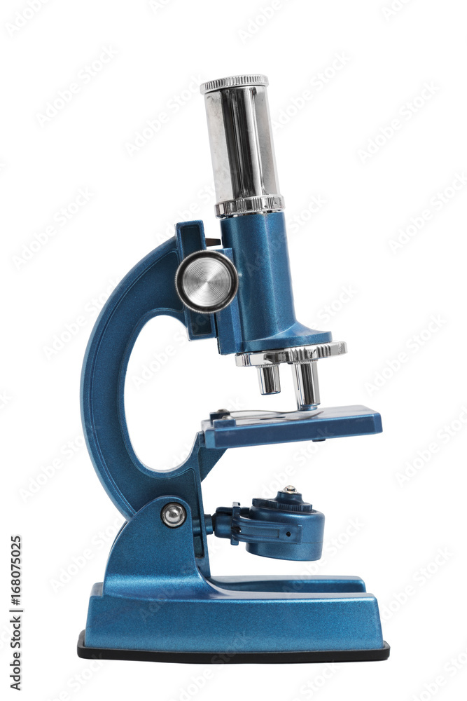 Blue shiny new microscope with three lenses on isolated white background. Blue shiny new microscope with three lenses on isolated white background.
