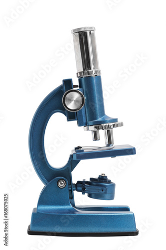Blue shiny new microscope with three lenses on isolated white background.