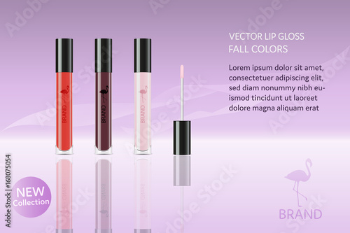 Brand. Lip gloss in different autumn colors with flamingo, logo and text.