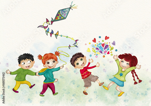 Obraz na płótnie Szczęśliwe dzieci. Akwarela ilustracja.