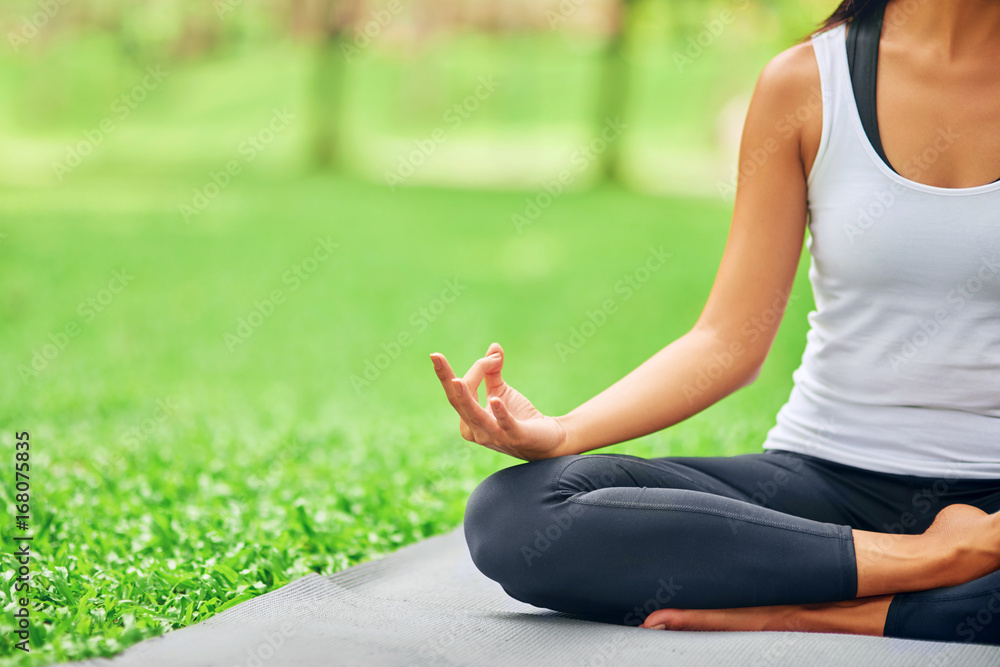 Fototapeta premium Pleasant nice woman enjoying yoga in the park