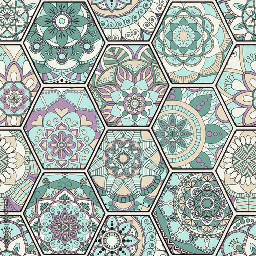 Luxury oriental tile seamless pattern. Colorful floral patchwork background. Mandala boho chic style. Rich flower ornament. Hexagon design elements. Portuguese moroccan motif. Unusual flourish print.