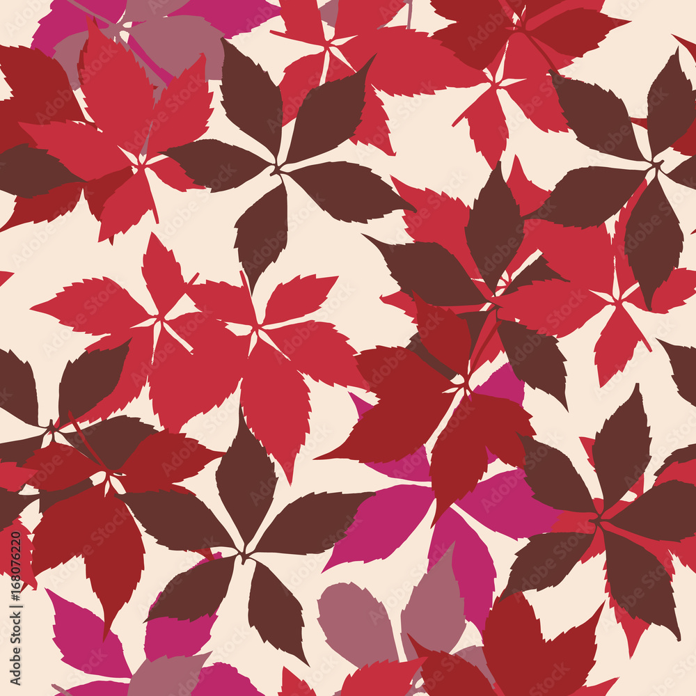 Seamless pattern with falling leaves. Background with autumn virginia creeper leaves. 