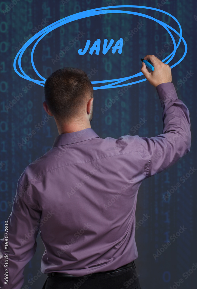 Business, Technology, Internet and network concept. Young businessman working on a virtual screen of the future and sees the inscription: Java