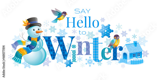 Winter logo. Snowman winrty vector illustration. Christmas, new year holiday greeting card. Abstract design template. Ice house, tit bird, snowflakes. Seasonal text lettering. Elegant modern elements.