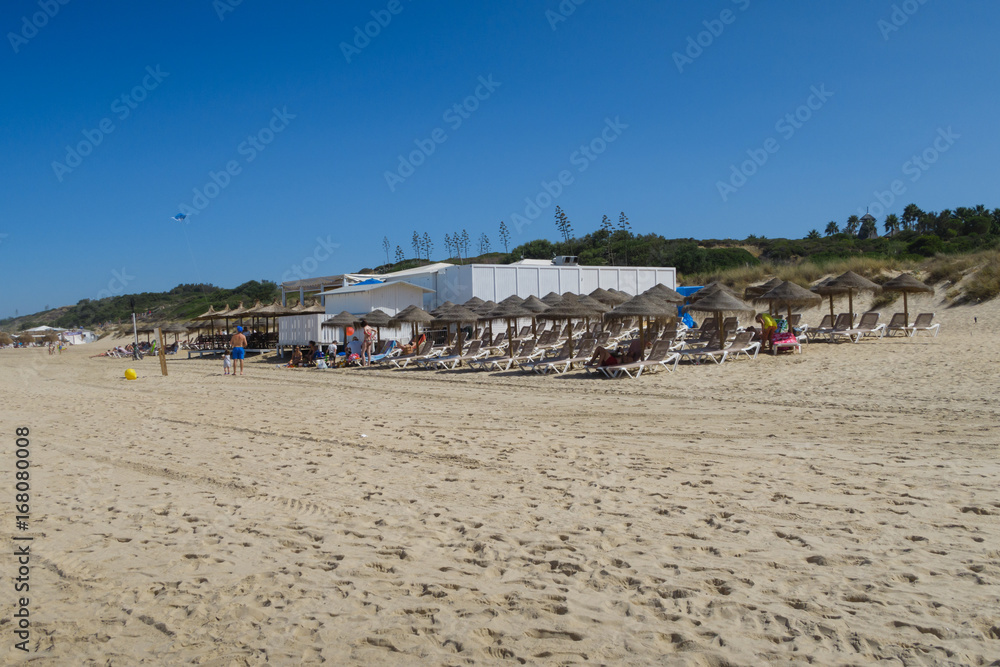 Beach bar or snack bar in the beach of La Barrosa in Sancti Petri, Cadiz, Spain