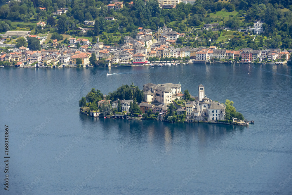aerial of san Giulio island  and Orta san Giulio village at Orta lake, Italy