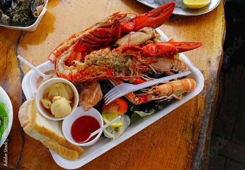 Canvas Print Mixed seafood platter with lobster and langostinos in Scotland